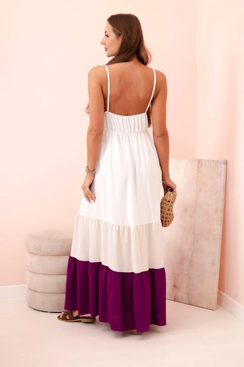 Sukienka damska boho maxi na ramiączkach z ażurową górą beżowy + ciemny fioletowy Sukienka damska boho maxi na ramiączkach z ażurową górą beżowy + ciemny fioletowy