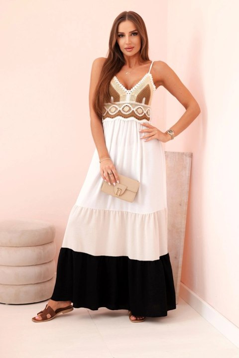 Sukienka damska boho maxi na ramiączkach z ażurową górą beżowy + czarny Sukienka damska boho maxi na ramiączkach z ażurową górą beżowy + czarny