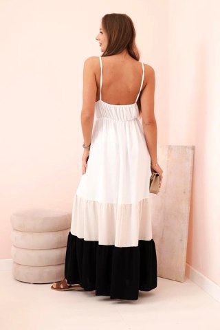 Sukienka damska boho maxi na ramiączkach z ażurową górą beżowy + czarny