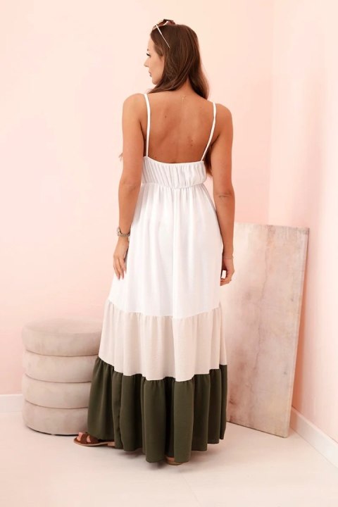 Sukienka damska boho maxi na ramiączkach z ażurową górą beżowy + khaki Sukienka damska boho maxi na ramiączkach z ażurową górą beżowy + khaki