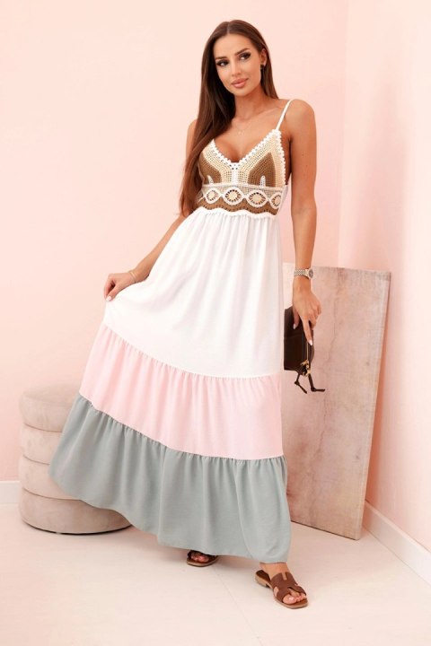 Sukienka damska boho maxi na ramiączkach z ażurową górą ciemny miętowy + cukierkowy róż Sukienka damska boho maxi na ramiączkach z ażurową górą ciemny miętowy + cukierkowy róż
