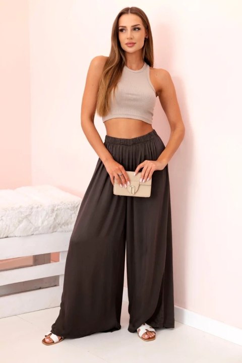 Spodnie damskie szerokie z gumką w pasie brązowe