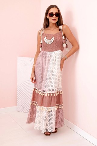 Sukienka damska boho na ramiączkach z haftem i koronką camelowa