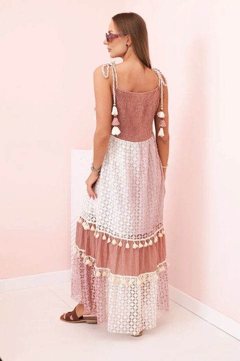 Sukienka damska boho na ramiączkach z haftem i koronką camelowa Sukienka damska boho na ramiączkach z haftem i koronką camelowa