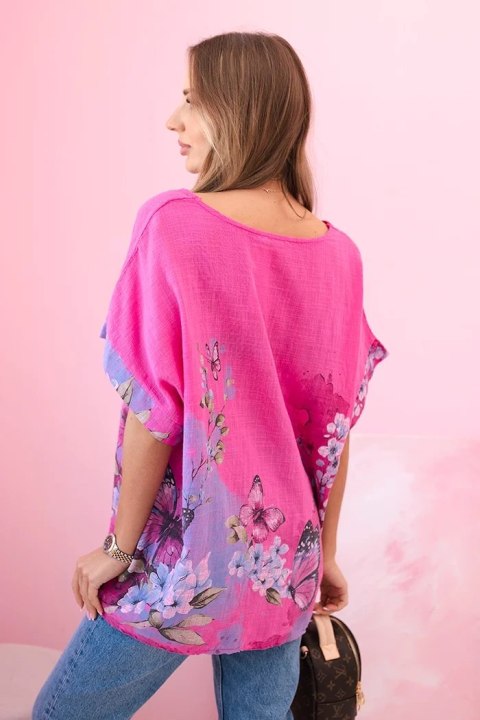 Koszula damska bawełniana w motyle i kwiaty różowa