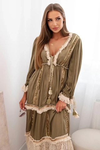 Sukienka damska boho z koronką khaki