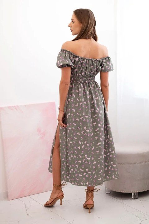 Sukienka damska maxi w kwiaty z bufkami khaki Sukienka damska maxi w kwiaty z bufkami khaki