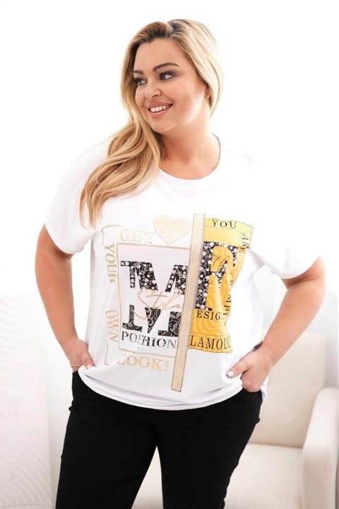 Bluzka damska bawełniana Plus Size z nadrukiem i cekinami biały + pomarańczowy