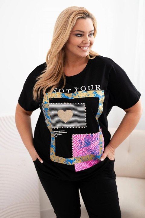 Bluzka damska bawełniana Plus Size ze złotym napisem czarny + chabrowy