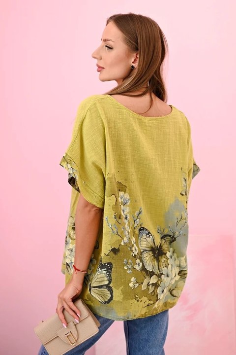 Koszula damska bawełniana w motyle i kwiaty kiwi