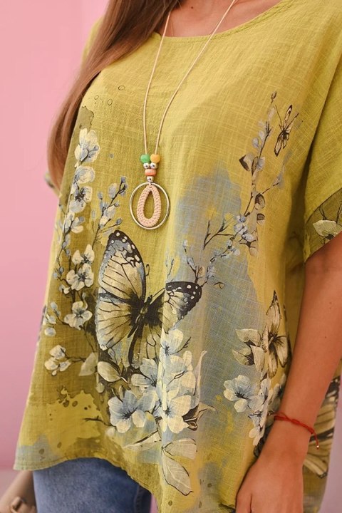 Koszula damska bawełniana w motyle i kwiaty kiwi