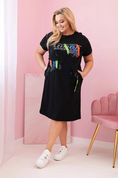 Sukienka damska bawełniana Plus Size z kolorowym nadrukiem i kieszenią czarna