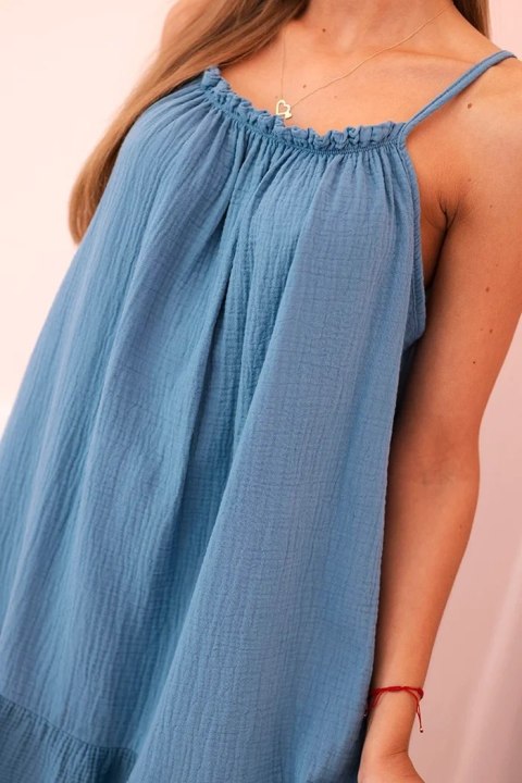 Sukienka damska muślinowa na ramiączkach z falbaną jeansowa