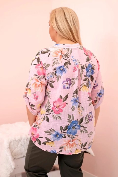 Bluzka damska Plus Size bawełniana w kwiaty jasno różowa