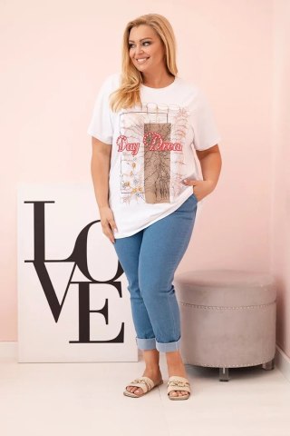 Bluzka damska bawełniana Plus Size z nadrukiem Day Dream biały + camelowy