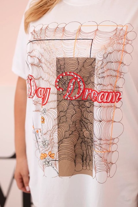 Bluzka damska bawełniana Plus Size z nadrukiem Day Dream biały + camelowy