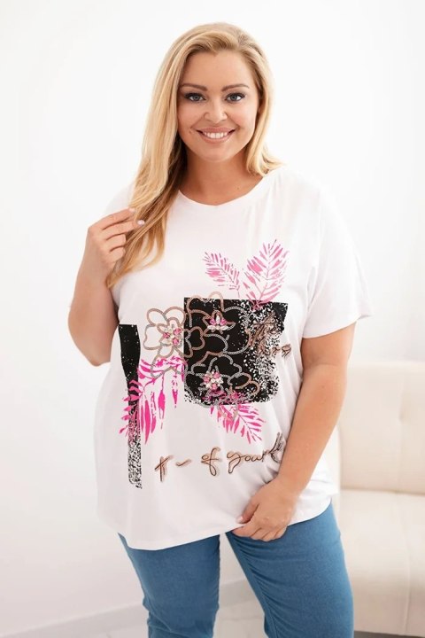 Bluzka damska bawełniana Plus Size z ozdobnym nadrukiem kwiatowym biały + różowy