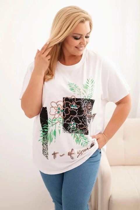Bluzka damska bawełniana Plus Size z ozdobnym nadrukiem kwiatowym biały + zielony