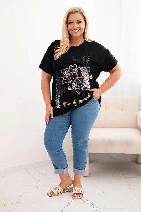 Bluzka damska bawełniana Plus Size z ozdobnym nadrukiem kwiatowym czarny + granatowy
