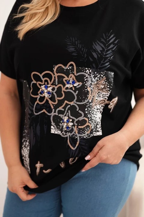Bluzka damska bawełniana Plus Size z ozdobnym nadrukiem kwiatowym czarny + granatowy