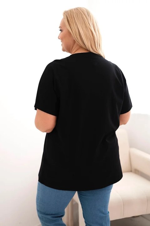 Bluzka damska bawełniana Plus Size z ozdobnym nadrukiem kwiatowym czarny + zielony