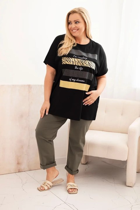 Bluzka damska bawełniana Plus Size ze złotym nadrukiem z brokatem czarna