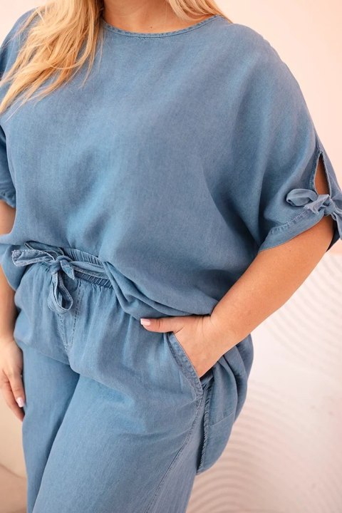 Komplet damski Plus Size z tencelu bluzka z wiązaniem i szerokie spodnie jeansowe