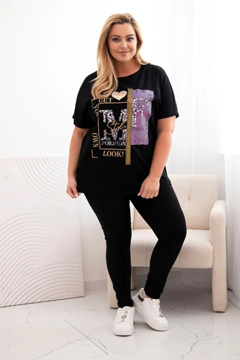 Bluzka damska bawełniana Plus Size z nadrukiem i cekinami czarny + różowy