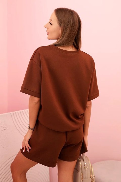 Komplet damski masełko z szortami z wysokim stanem czekoladowy