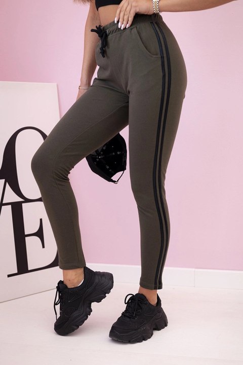 Spodnie damskie dresowe z lampasami i wiązaniem w pasie khaki