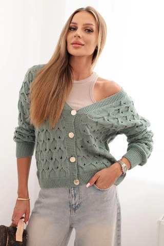 Sweter damski ażurowy z dekoltem V i złotymi guzikami ciemny miętowy