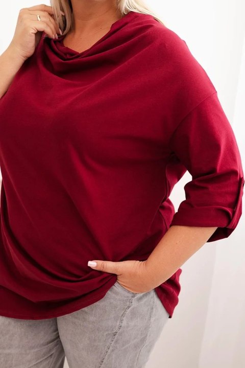 Bluzka damska Plus Size z bawełną o luźnym kroju z dekoltem wodnym bordowa
