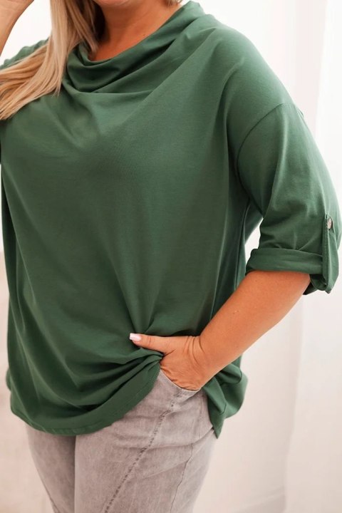 Bluzka damska Plus Size z bawełną o luźnym kroju z dekoltem wodnym ciemno zielona
