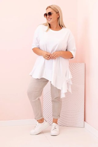 Bluzka damska Plus Size z bawełną z falbaną i rękawem podwijanym biała