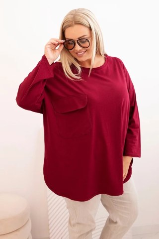 Bluzka damska Plus Size z bawełną z kieszenią i rękawem podwijanym bordowa