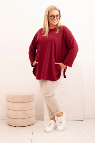 Bluzka damska Plus Size z bawełną z kieszenią i rękawem podwijanym bordowa