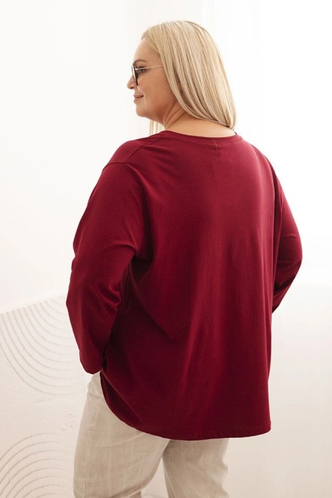 Bluzka damska plus size z bawełną z długim rękawem i marszczeniem bordowa