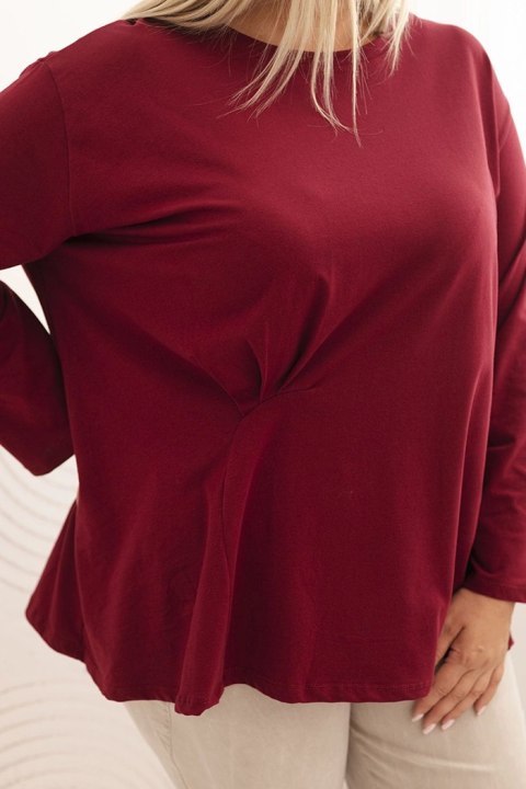 Bluzka damska plus size z bawełną z długim rękawem i marszczeniem bordowa