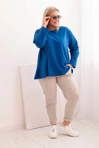 Bluzka damska plus size z bawełną z długim rękawem i marszczeniem chabrowa