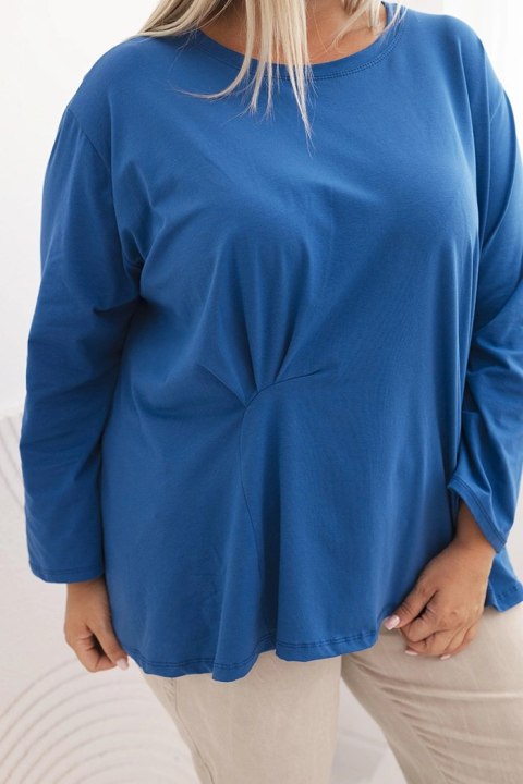 Bluzka damska plus size z bawełną z długim rękawem i marszczeniem chabrowa