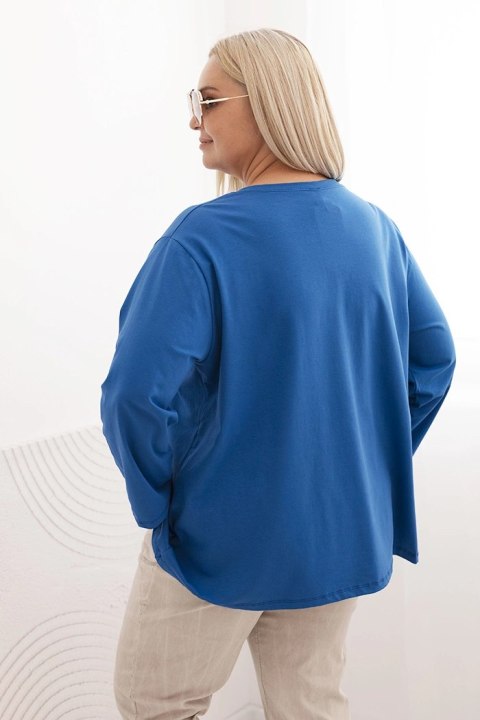 Bluzka damska plus size z bawełną z długim rękawem i marszczeniem chabrowa