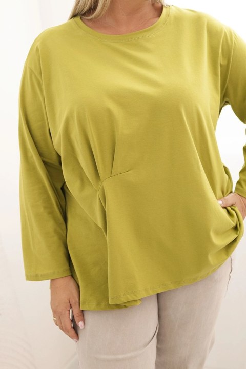 Bluzka damska plus size z bawełną z długim rękawem i marszczeniem kiwi