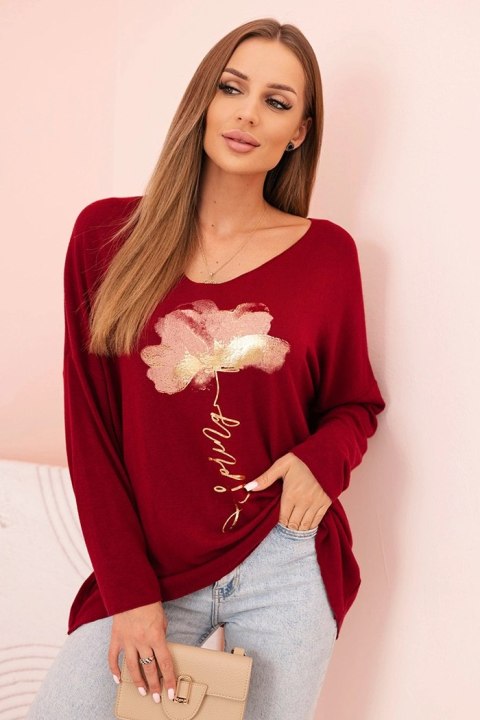 Bluzka damska z wiskozy z długim rękawem i złotym kwiatowym nadrukiem bordowa