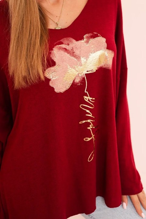 Bluzka damska z wiskozy z długim rękawem i złotym kwiatowym nadrukiem bordowa