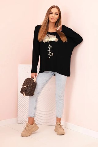 Bluzka damska z wiskozy z długim rękawem i złotym kwiatowym nadrukiem czarna