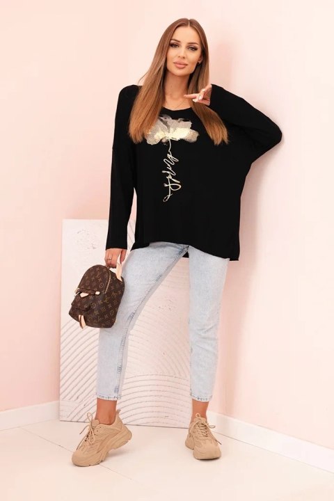 Bluzka damska z wiskozy z długim rękawem i złotym kwiatowym nadrukiem czarna