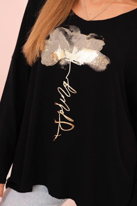 Bluzka damska z wiskozy z długim rękawem i złotym kwiatowym nadrukiem czarna