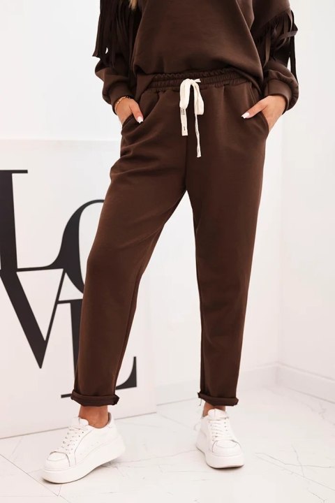 Komplet damski masełkowy z frędzlami na rękawach brązowy