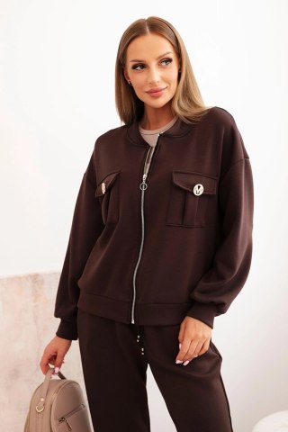 Komplet damski masełkowy z wiskozy z rozpinaną bluzą i spodniami brązowy