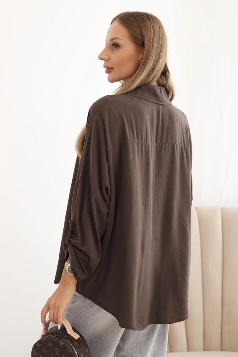 Koszulka damska z wiskozą z ozdobnymi guzikami i kołnierzem brązowa
